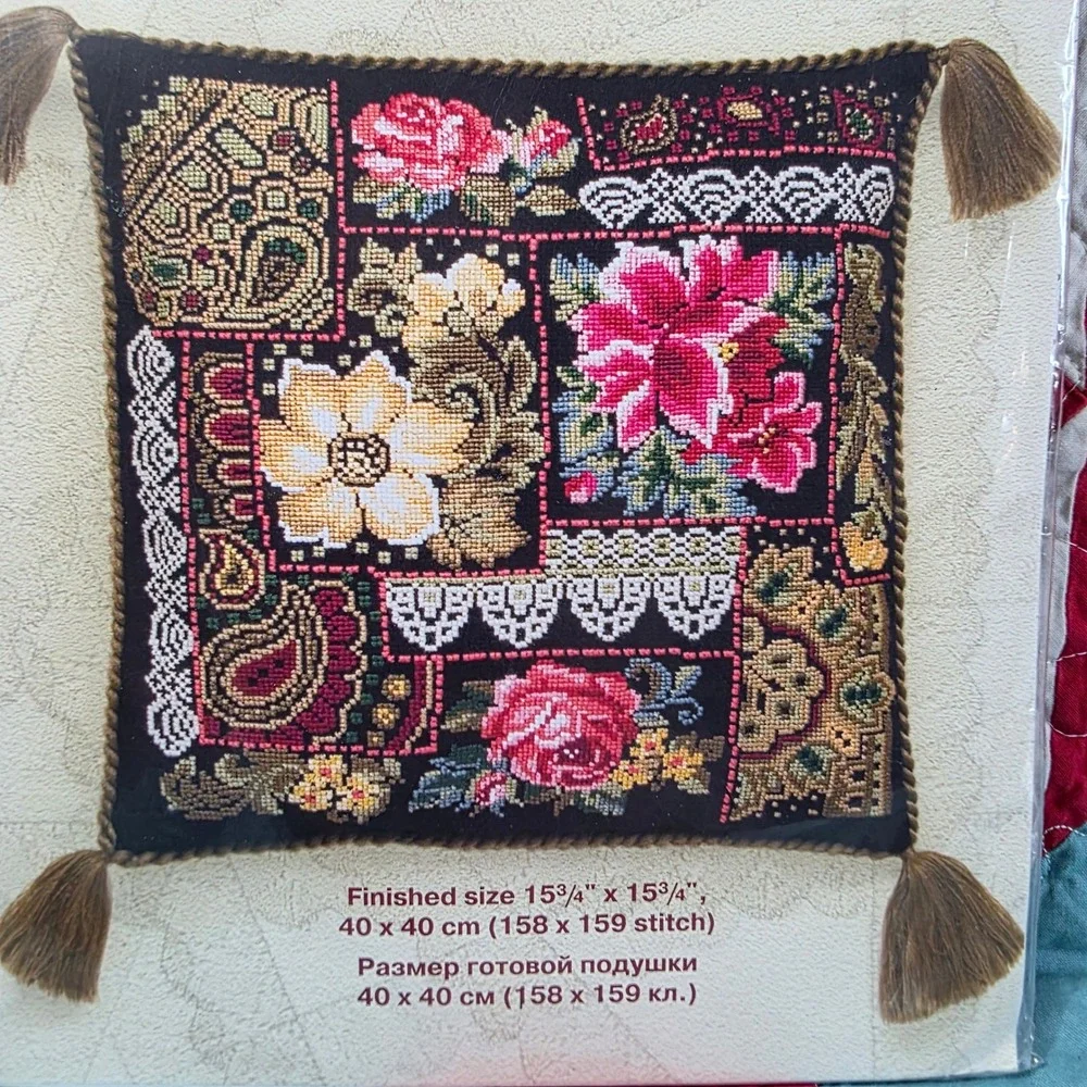 Riolis 761 Cross Stitch Kit Floral Pillow Cushion Black Canvas Tassels 15.75in